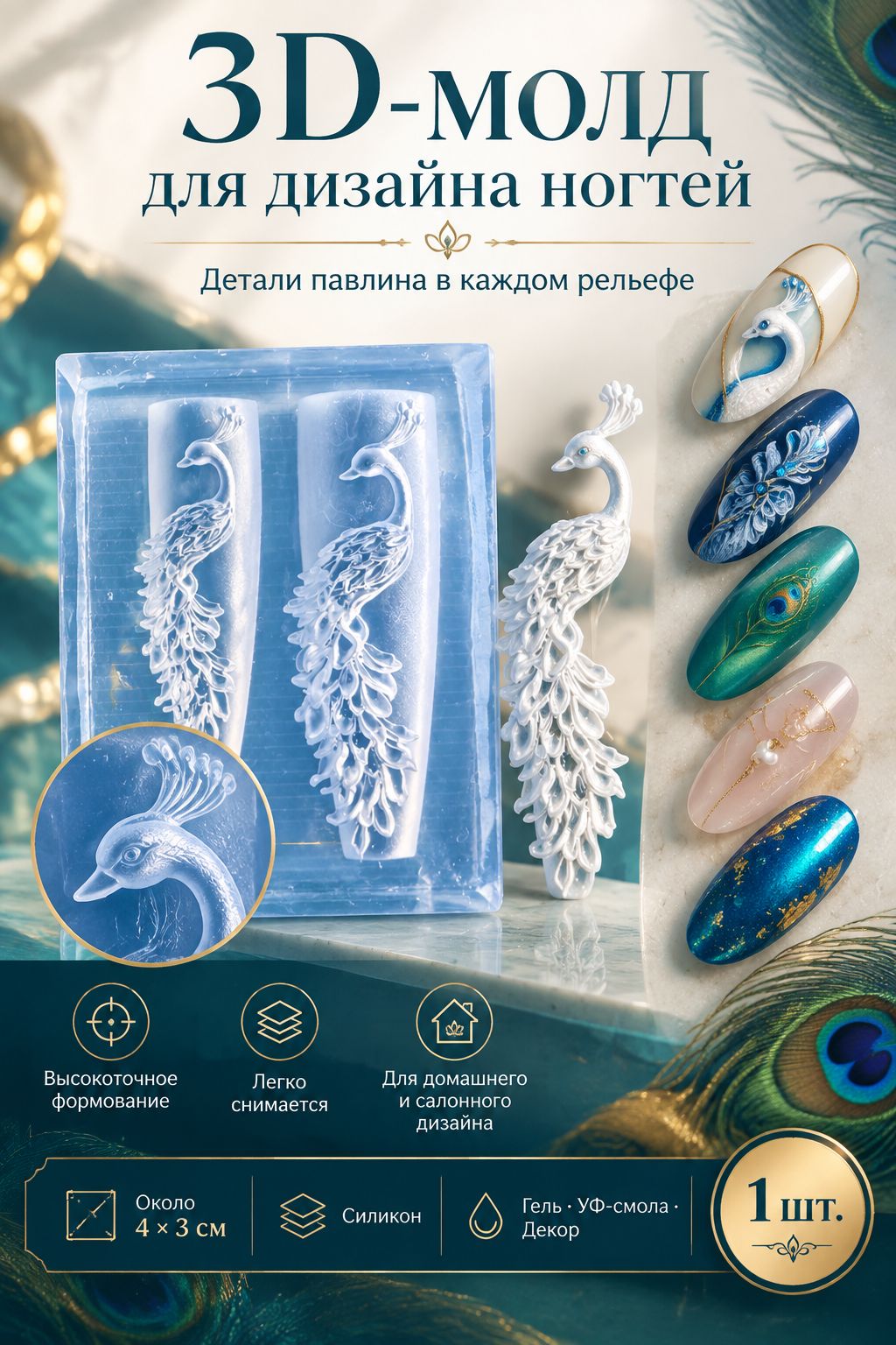 Силиконовый молд для ногтей Павлин - 3D форма для дизайна и лепки на ногтях, для геля и смолы, многоразовый