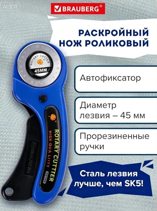 Нож раскройный роликовый канцелярский для рукоделия, досуга, творчества и шитья 45 мм , круглое лезвие, резиновые