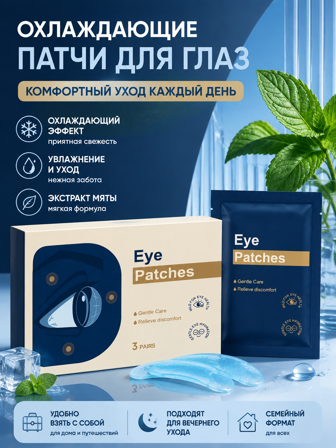Охлаждающие патчи для глаз, увлажняющий уход за кожей вокруг глаз, комфортное применение дома и в дороге