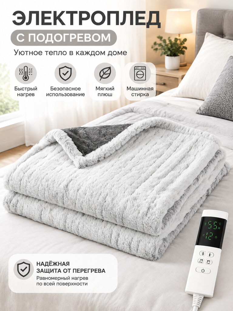 Электроодеяло плед с подогревом двусторонний, флис и шерсть, регулировка 25-55C, таймер, можно стирать, для дома и дачи130 × 180