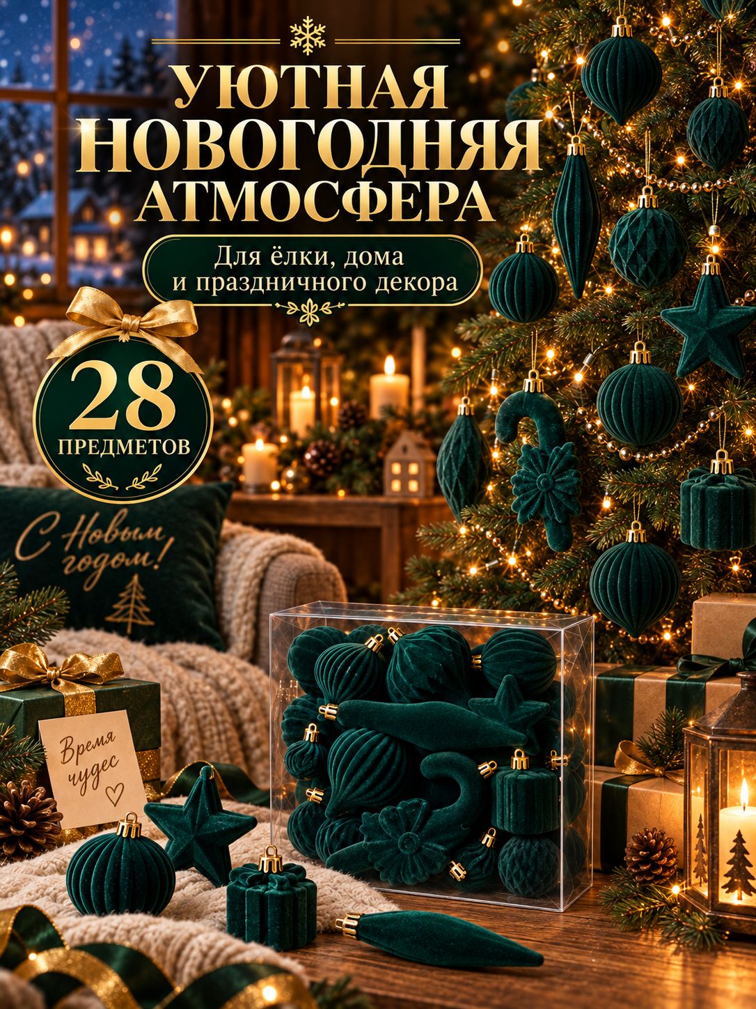 Набор новогодних украшений 28 шт, тёмно-зелёные бархатные подвески для ёлки