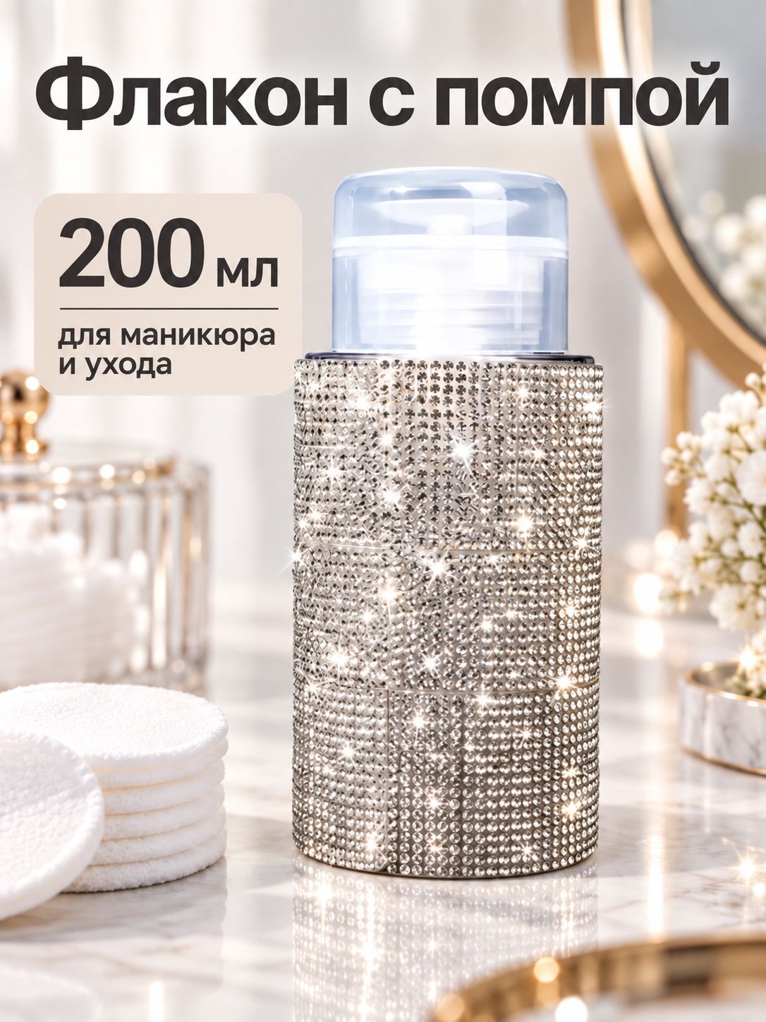 Флакон с помпой для маникюра 200 мл, дозатор для жидкостей, тоника и снятия лака, со стразами