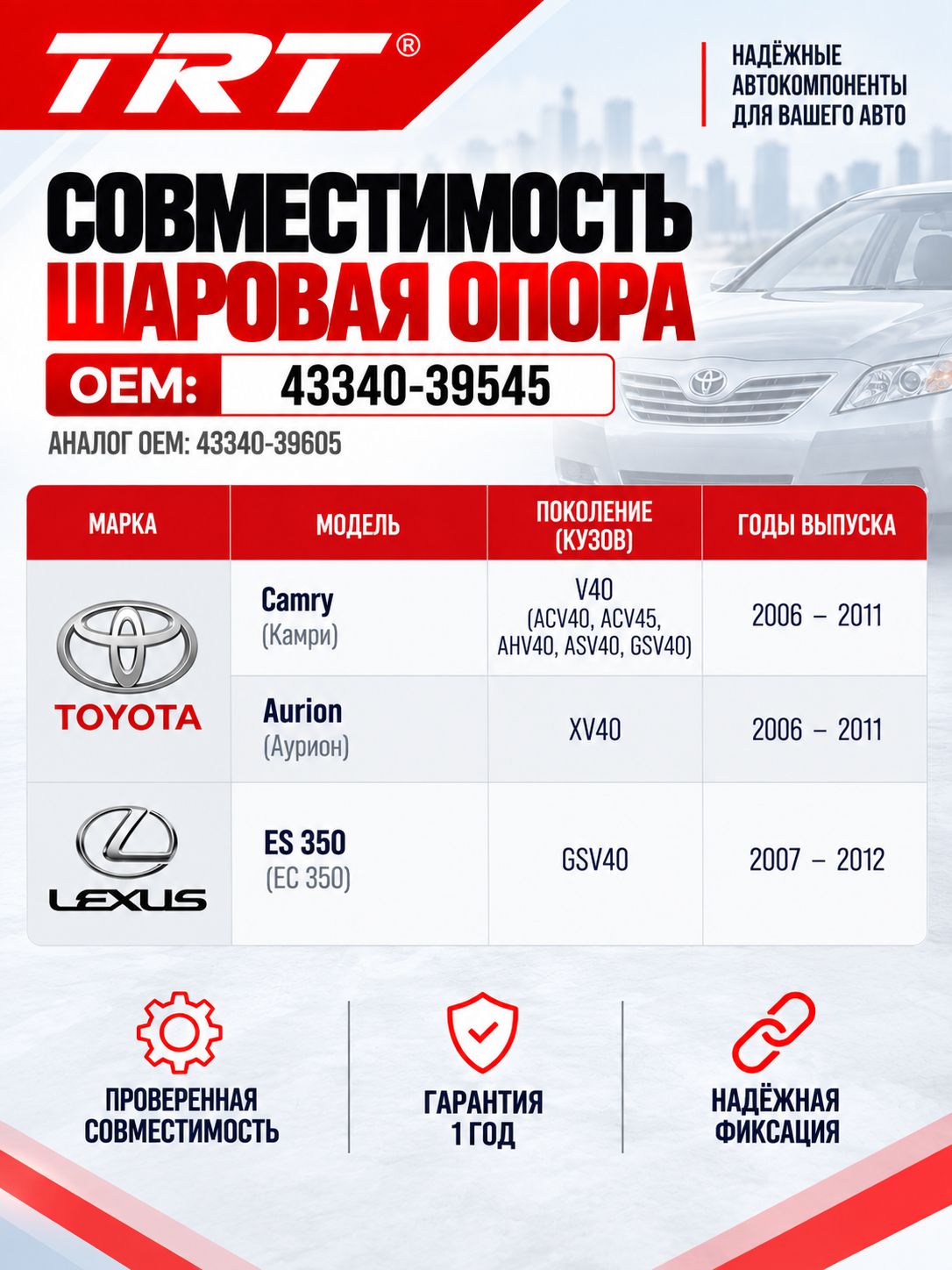 Шаровая опора передняя левая 43340-39545 Toyota Camry Тойота Камри XV40 2.4 2.5 3.5 — фото 1