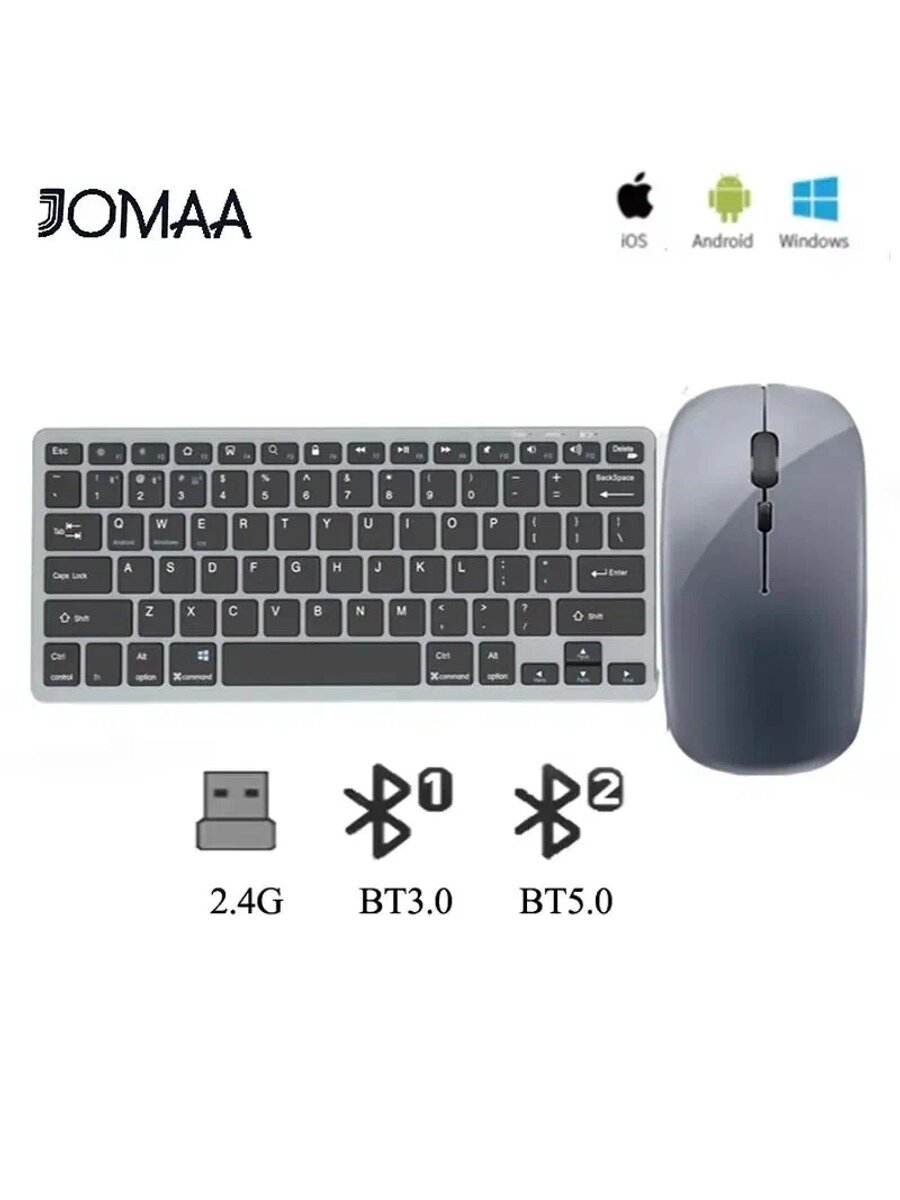 JOMAA Комплект клавиатура и мышь беспроводная K104RU, Русская раскладка, черно-серый