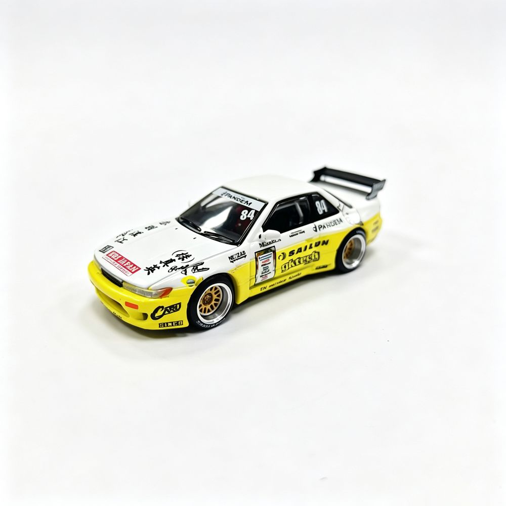 Коллекционная машинка Nissan Silvia S13 Pandem White/Yellow #361 масштаб 1:64, Металлический сплав, Без упаковки