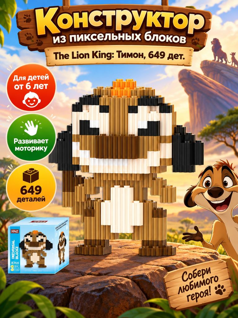 Конструктор из пиксельных блоков The Lion King: Тимон, 649 дет