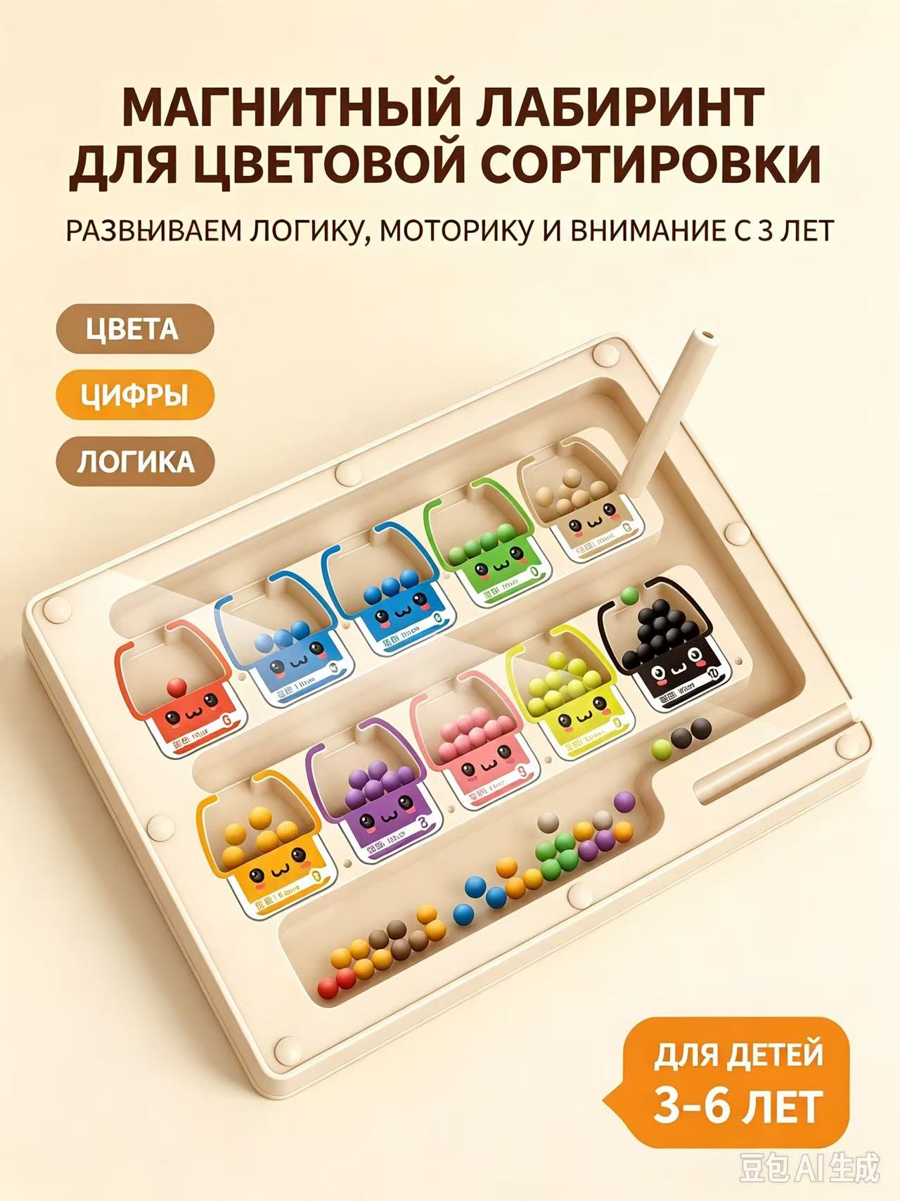 Игрушка-магнитный лабиринт с катящимся шариком, цветовая гамма, подходит для детей (3-6 лет)