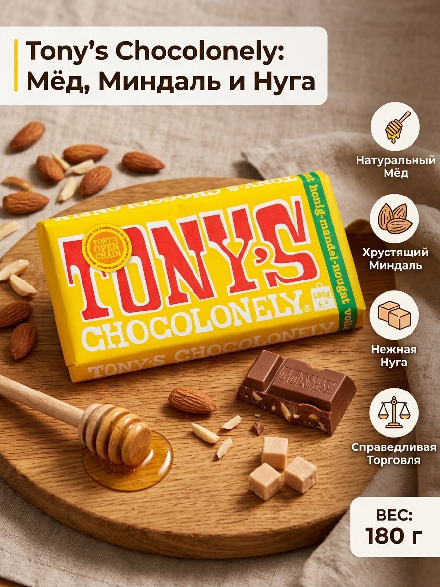 TONY'S Шоколад молочный с медово-миндальной нугой 180 гр