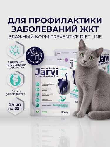 Изображение товара Влажный корм Jarvi Preventive diet line Gastrointestinal для кошек для профилактики заболеваний ЖКТ с индейкой (кусочки в соусе), 85 г х 24 шт.