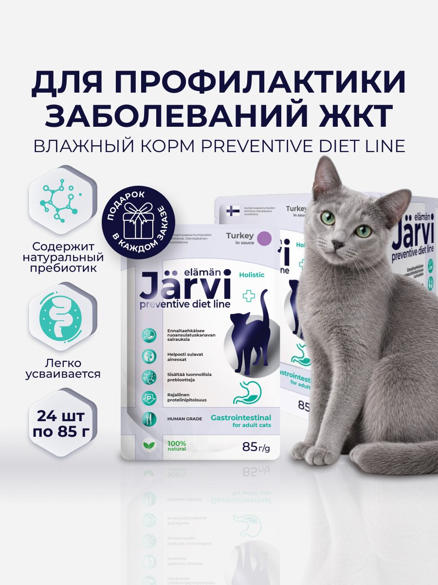 Влажный корм Jarvi Preventive diet line Gastrointestinal для кошек для профилактики заболеваний ЖКТ с индейкой (кусочки в соусе), 85 г х 24 шт.