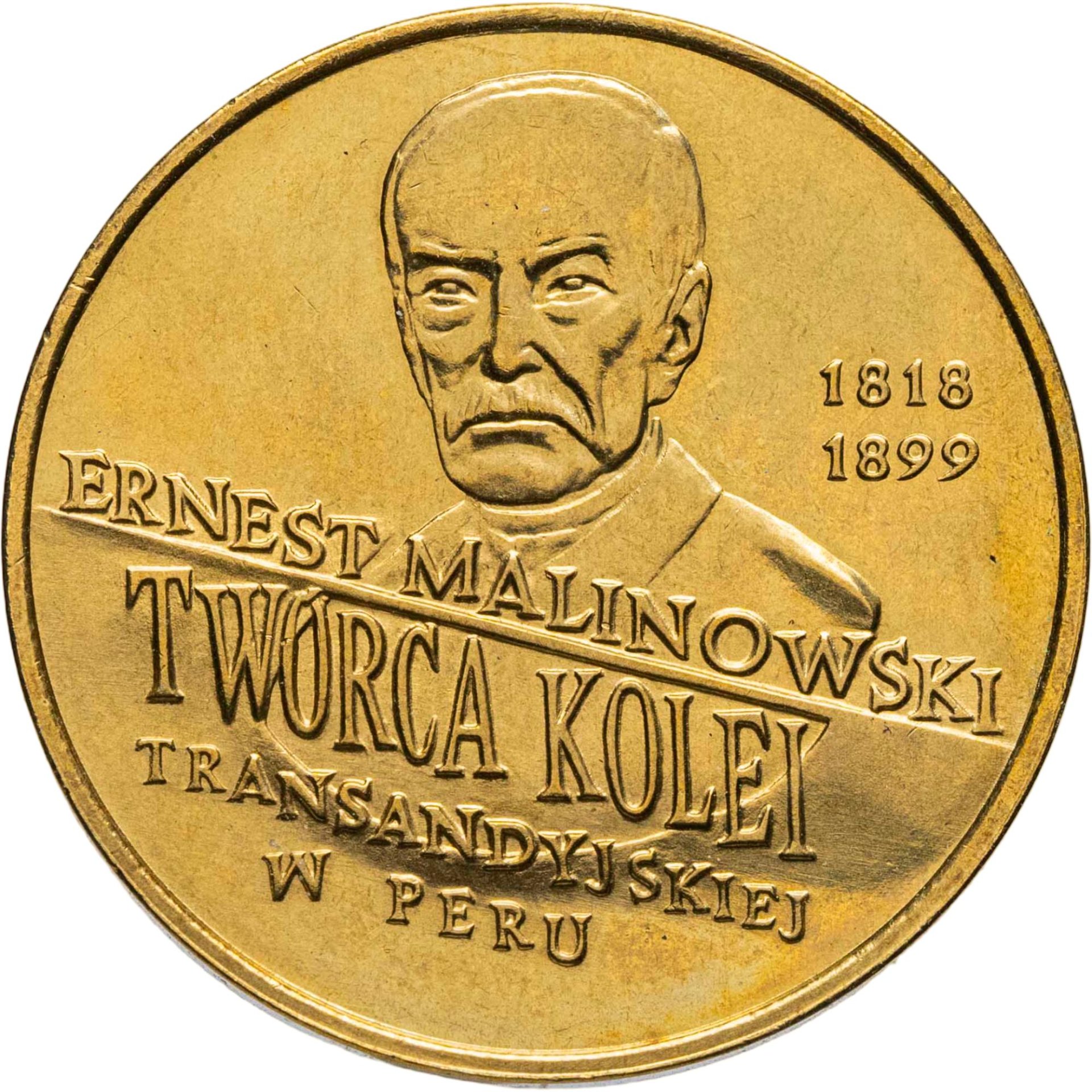 Польша 2 злотых 1999 "Польские путешественники - Эрнест Малиновский 1818-1899", Латунь, в сохранности UNC