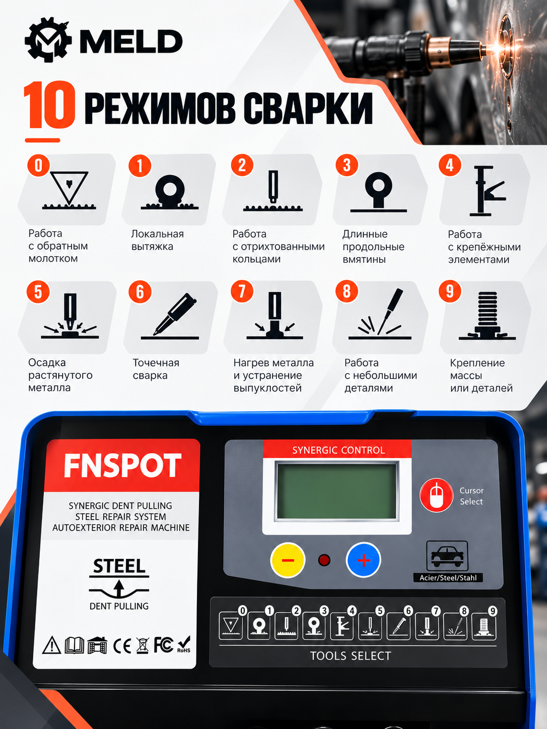 Споттер, аппарат для контактной сварки, кузовных работ, 10 режимов — фото 1