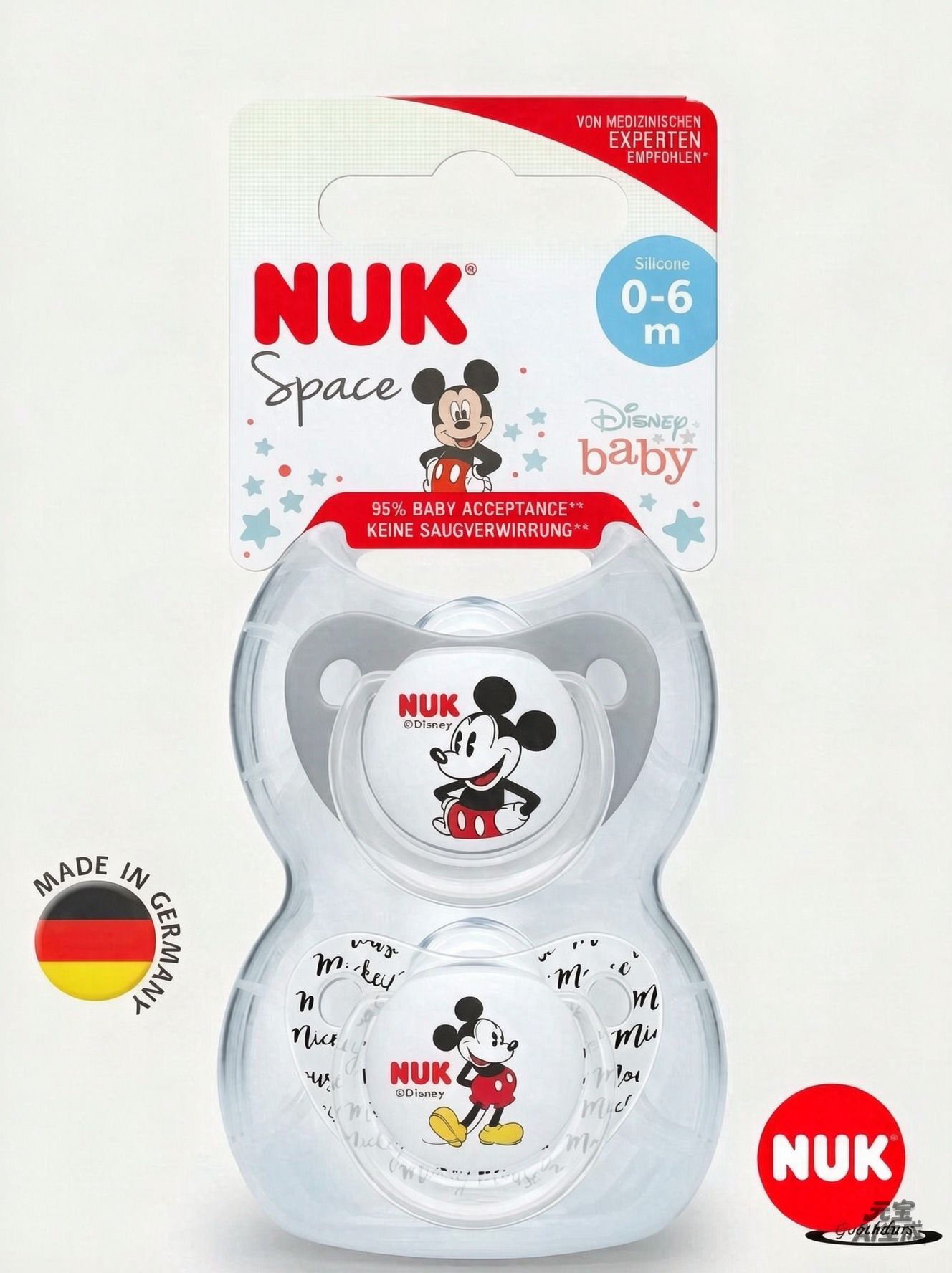 NUK SPACE MICKEY Соска пустышка ортодонтическая силиконовая, разм. 1 (для детей с 0 мес.), 1 шт. в контейнере, красная Минни
