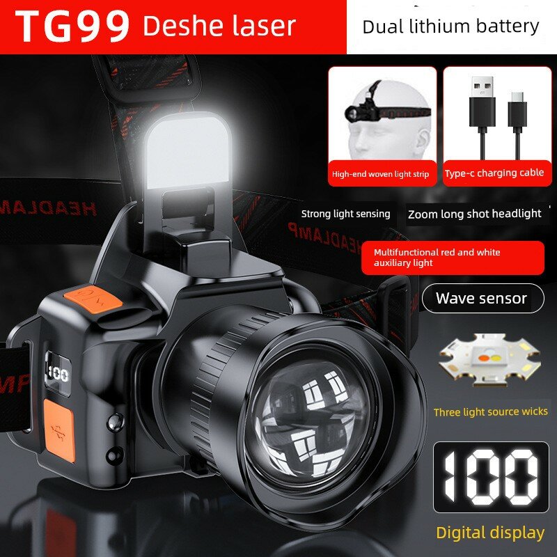 Фонарь на голову TG99, черный, флагман, двойная Li-батарея, 4-8ч, датчик, зум, индикатор, красно-белый свет, лазер