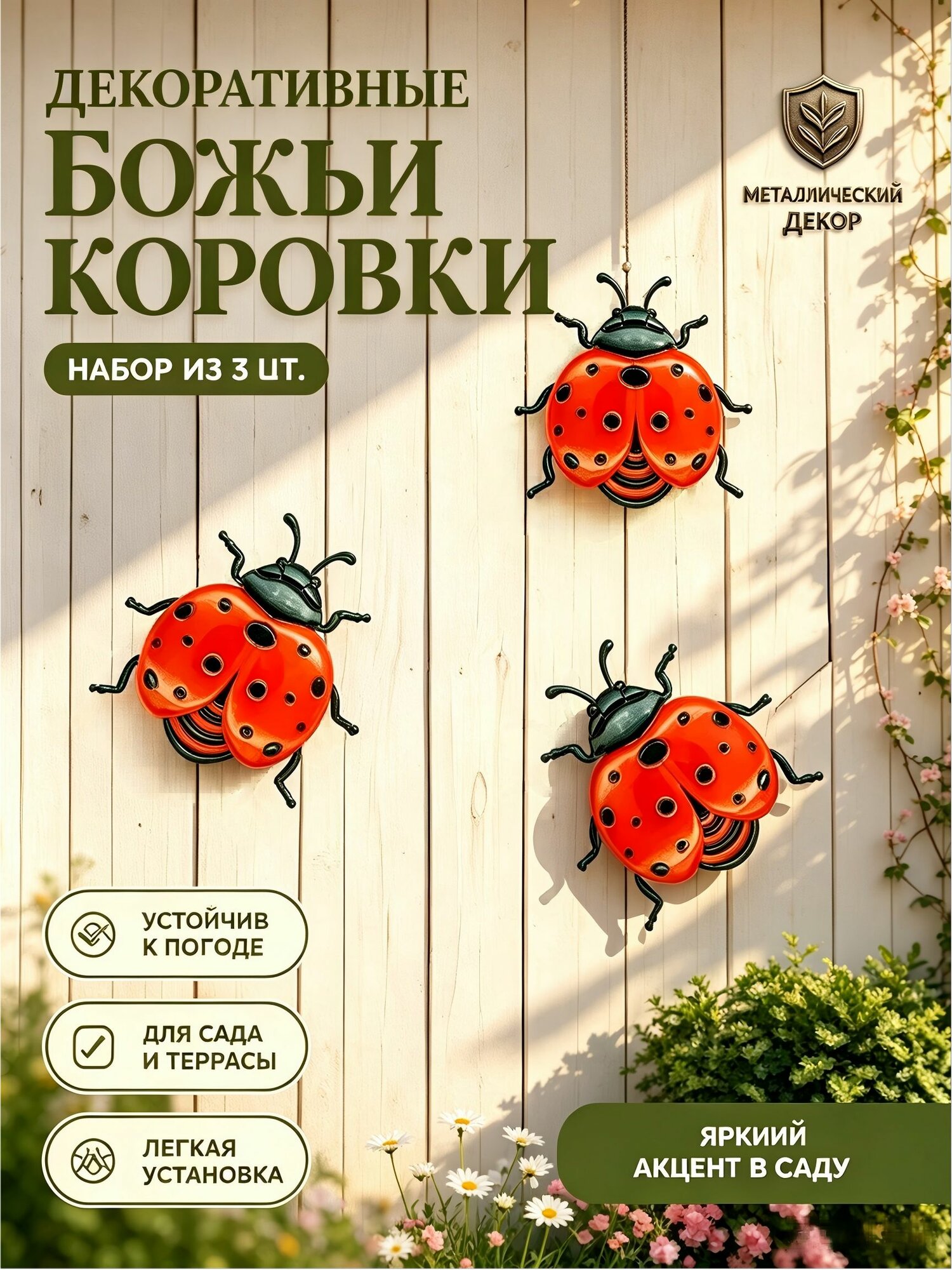 3шт. Металлический декор для стен в виде божьей коровки, Яркое украшение для сада и дачи, наружные декоративные элементы