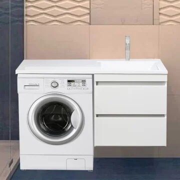 Тумба с раковиной Style Line Даллас 120 подвесная, под стиральную машину, 120, 2 см, белая, глянцевая, из МДФ, с ящиками, раковина для ванной, из искусс