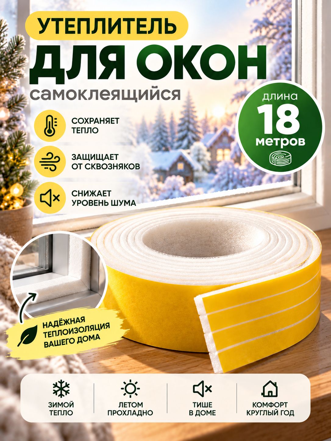Утеплитель уплотнитель самоклеящийся 18м с усиленным слоем 5*8 мм