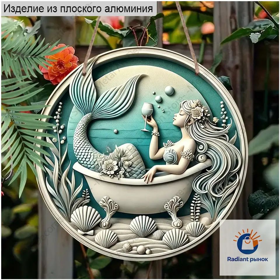 Круглая алюминиевая табличка 20 см, 2D плоская, русалка в ванне, морской стиль, декор для дома