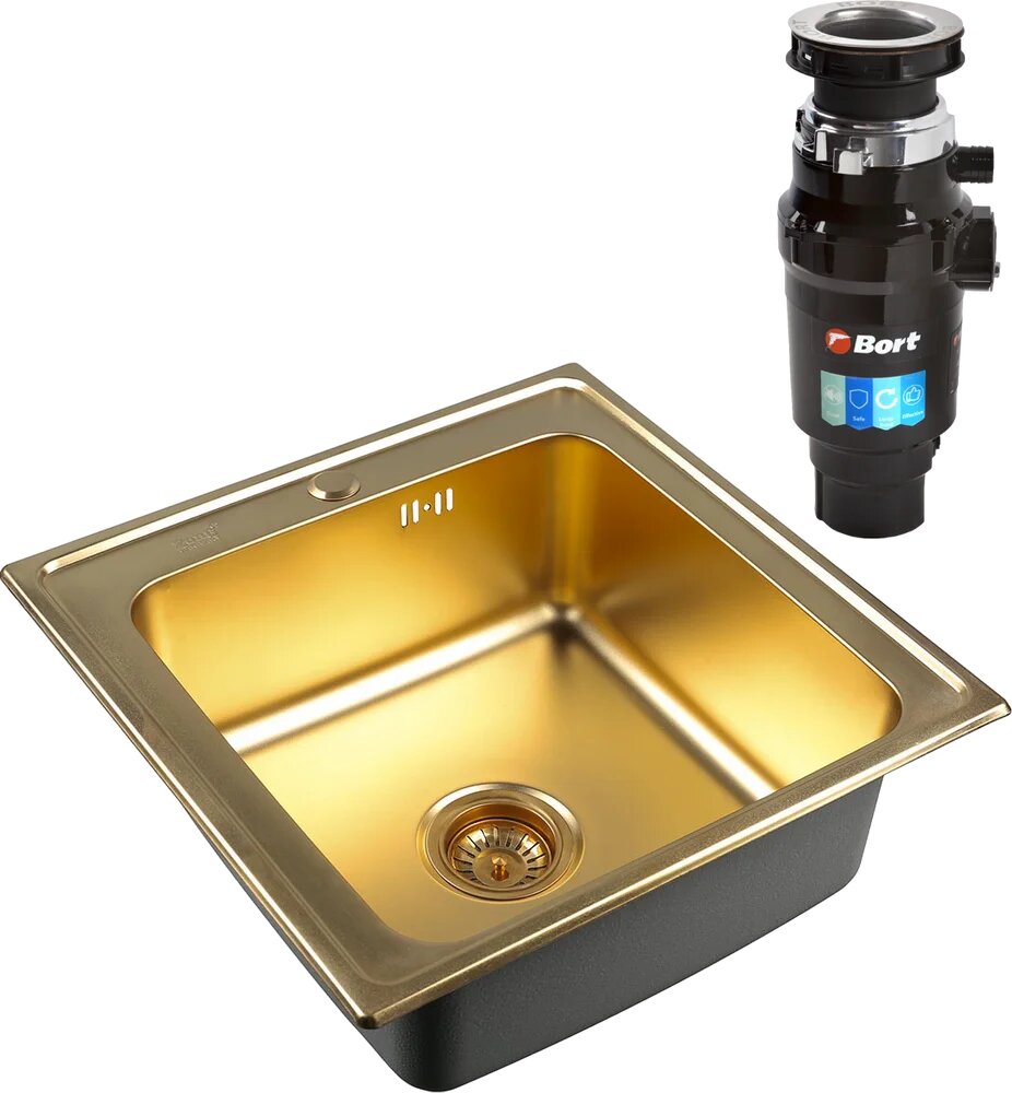 Комплект Мойка Zorg Inox PVD SZR-5050 50x50, bronze, нержавеющая сталь / Измельчитель Bort Master Eco 91275752 электрический, нержавеющая сталь
