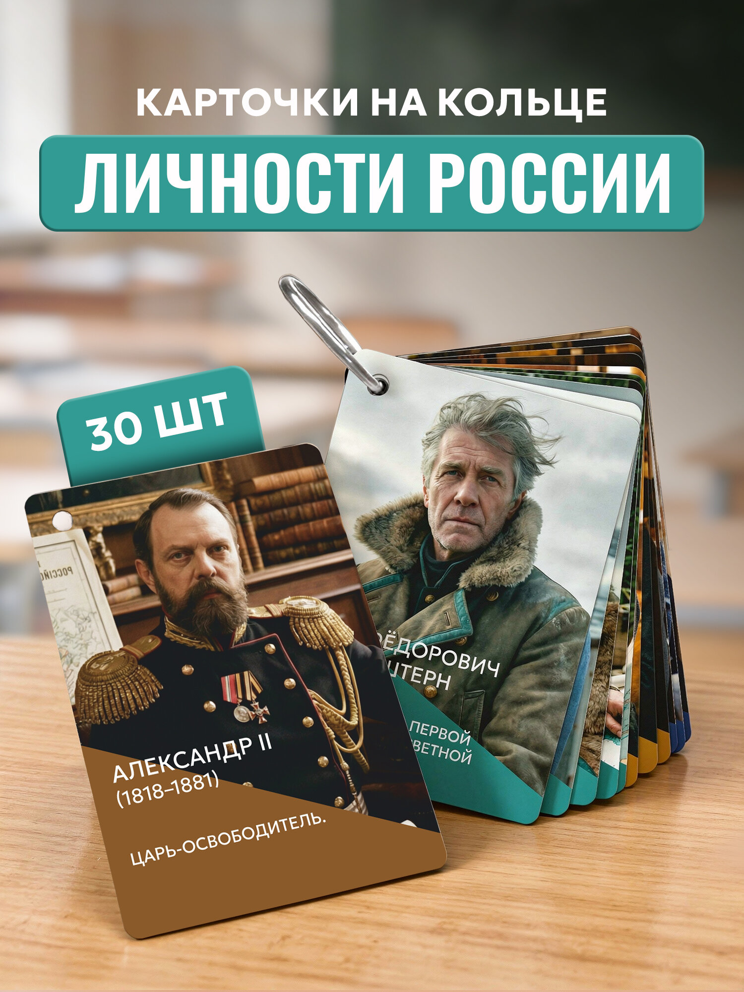 Набор обучающих карточек "Личности России" Выручалкин, двусторонние, на кольце, 30 карточек