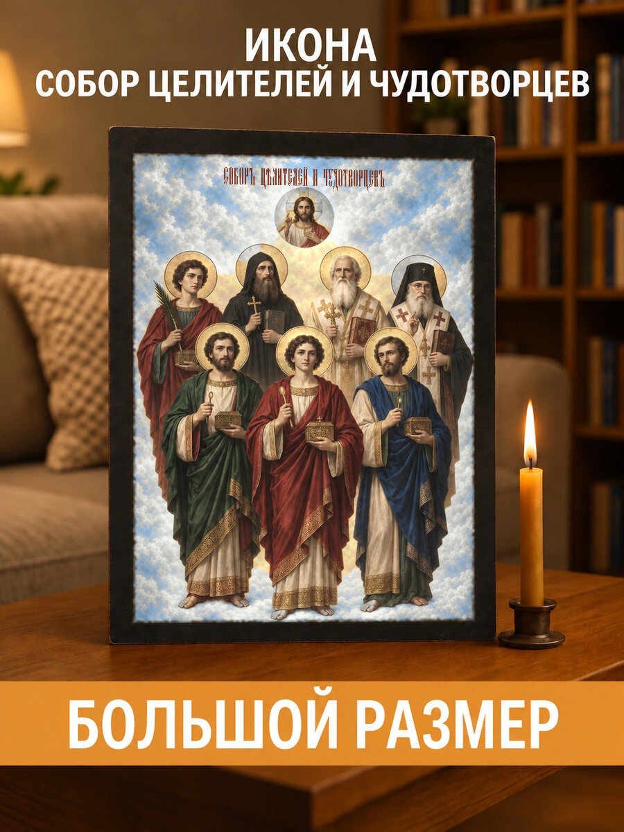 Икона «Собор целителей и чудотворцев» на натуральном дереве, 30×40 см, храмовая живопись, потёртое золото