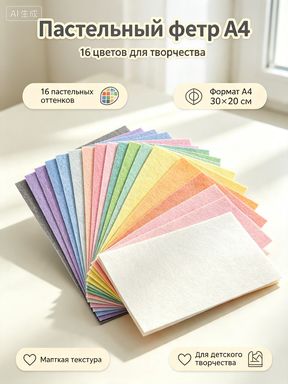 Фетр 1.5 мм, А4 (30х20 см), 16 цветов, для творчества