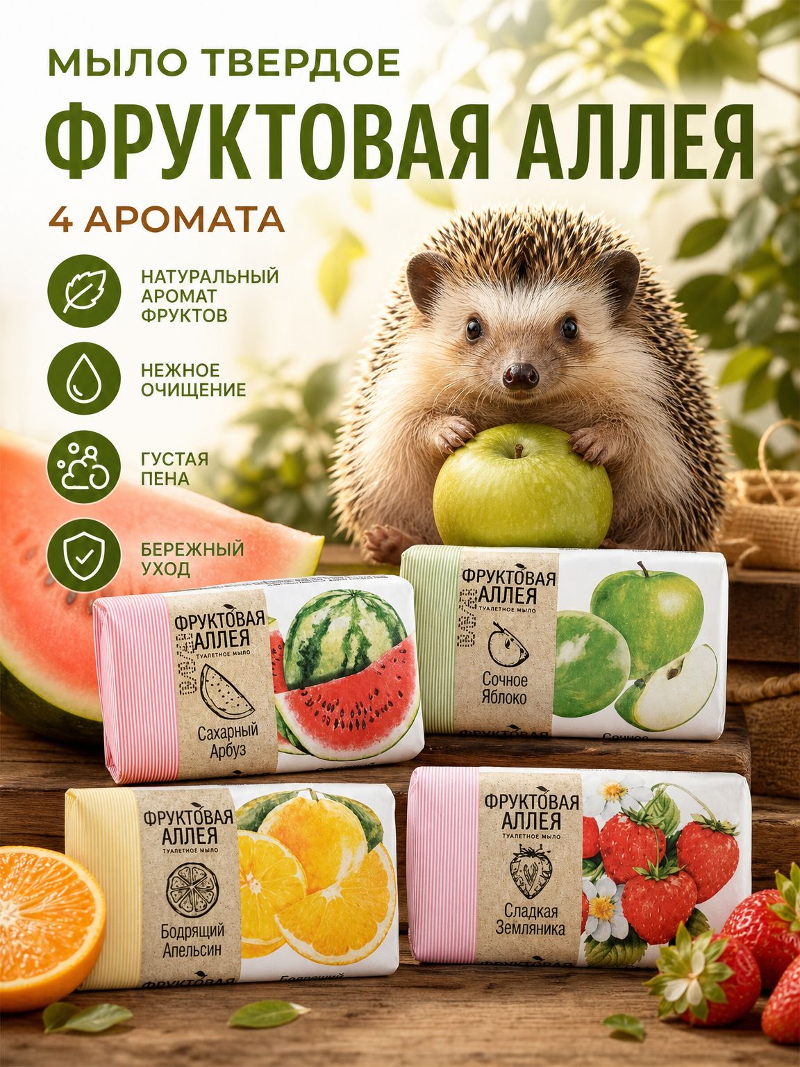 Мыло твердое фруктовая аллея: Апельсин, Арбуз, Земляника, Яблоко, 4 шт 90г