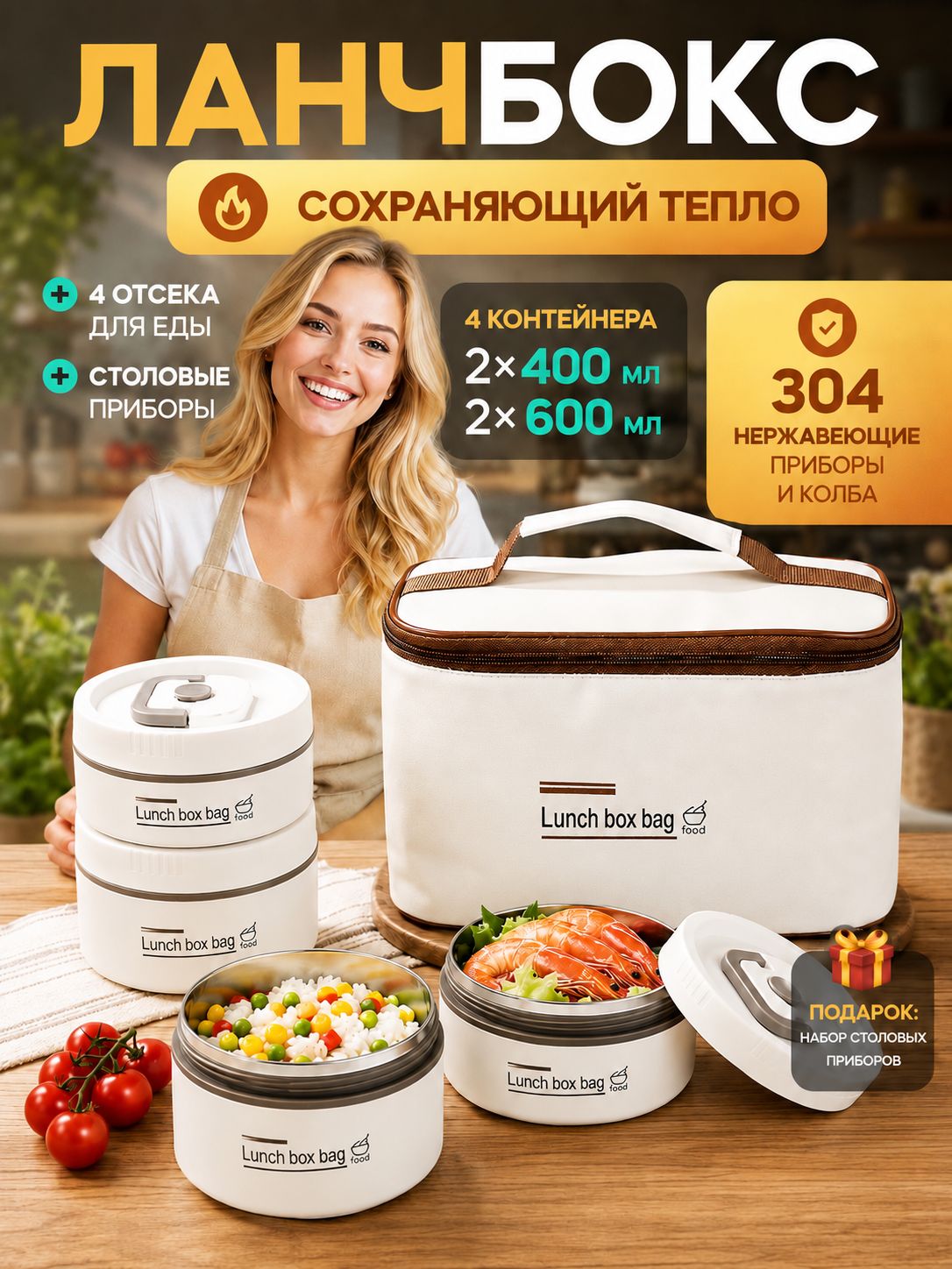 Ланч-бокс с отделениями 2 Л с термо сумкой бежевый / с приборами / 4 герметичных контейнера