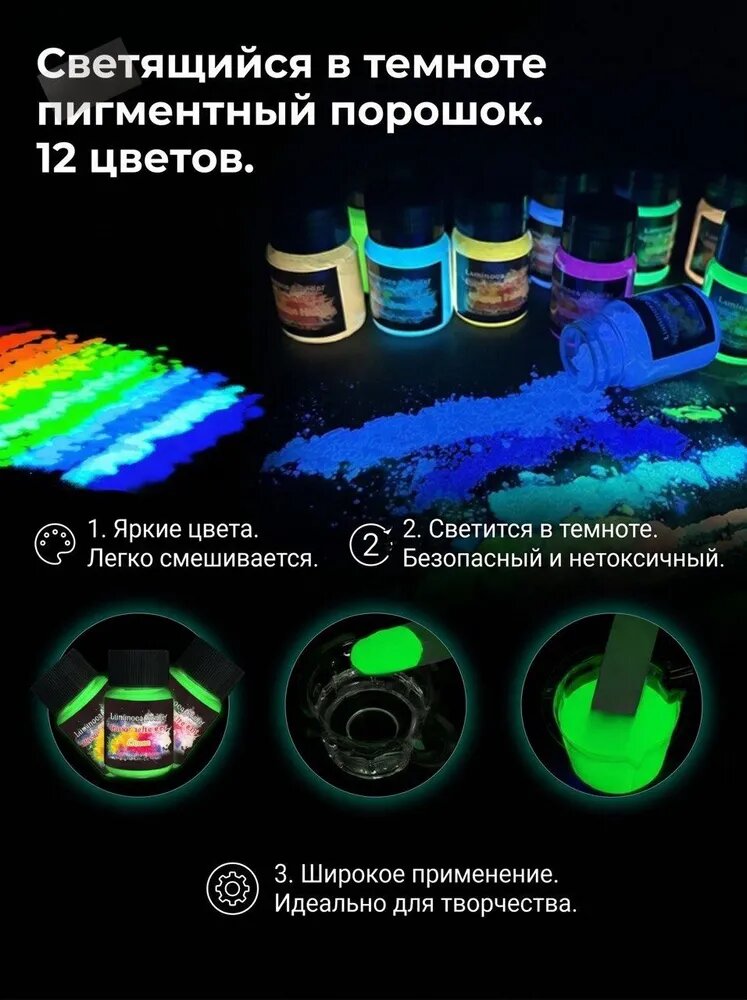 Набор пигментов люминофоры для эпоксидной смолы в порошке 12 цветов по 20 грамм24