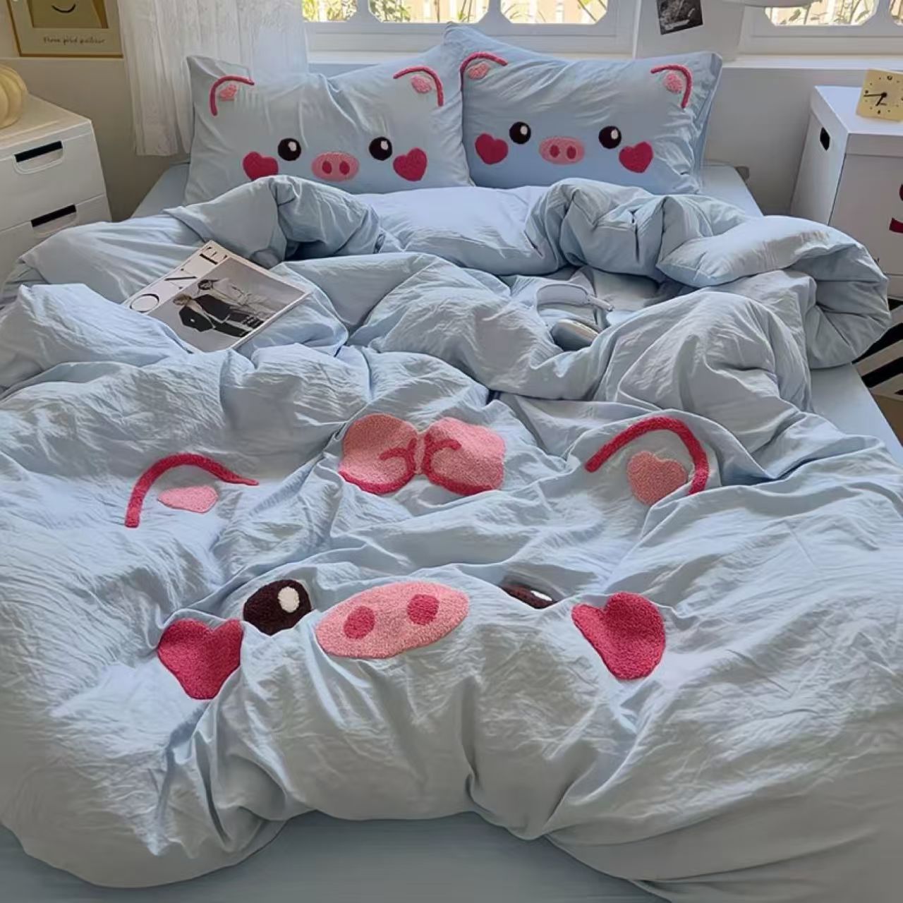 Комплект постельного белья Kawaii Pink Pig, 2-спальный, 3D-печать, полиэстер, розовый