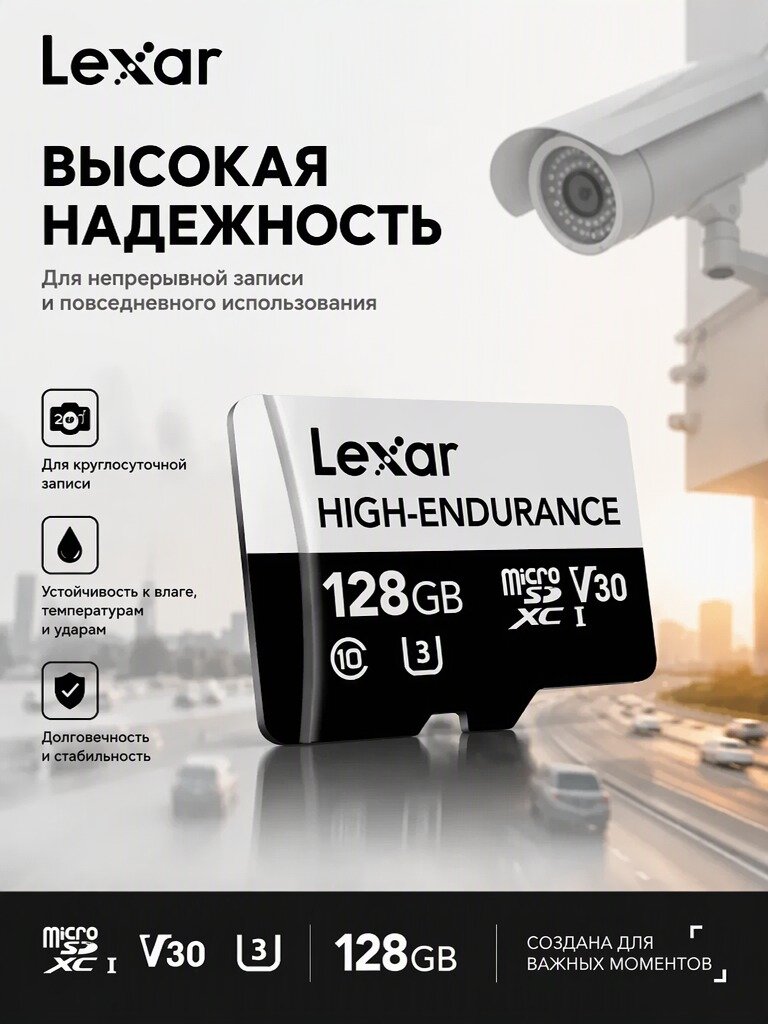 Карта памяти Lexar High-Endurance microSDXC 128 ГБ UHS-I, Class10 U3 V30