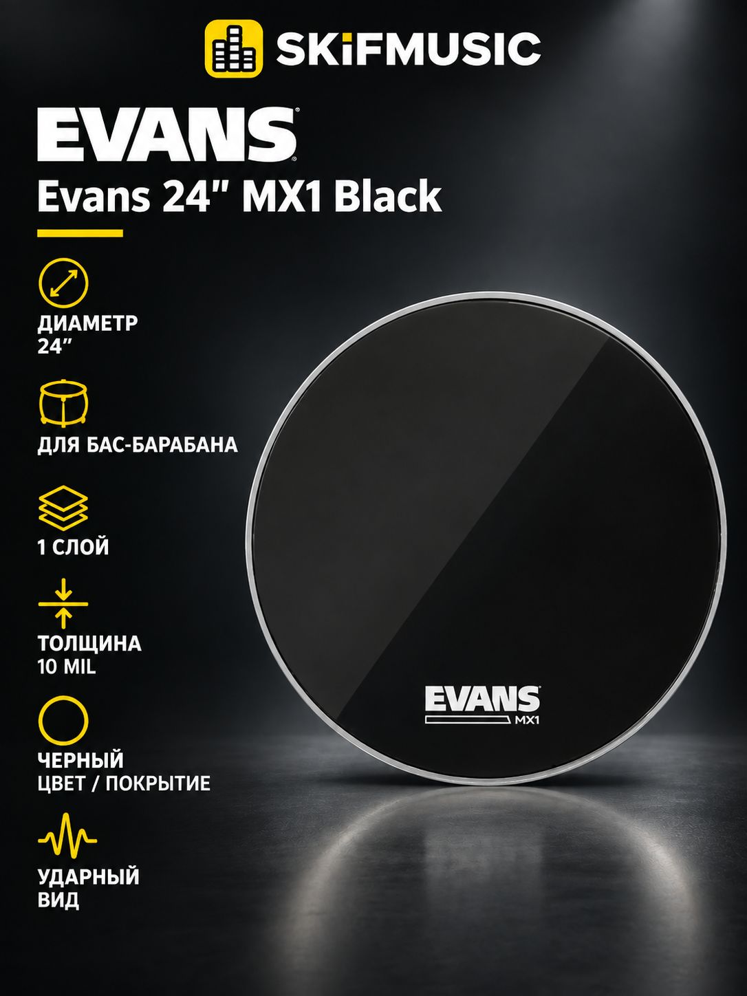 Пластик для барабана Evans 24" MX1 Black