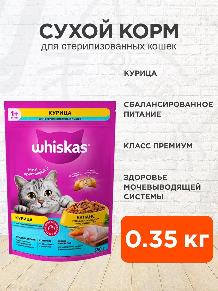 Корм сухой Whiskas для взрослых кастрированных котов и стерилизованных кошек, курица, 0,35 кг