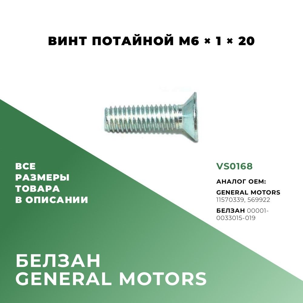 Винт потайной M6х20х1; 10 шт; General Motors 11570339; General Motors 569922; БелЗАН 00001-0033015-019; VS0168