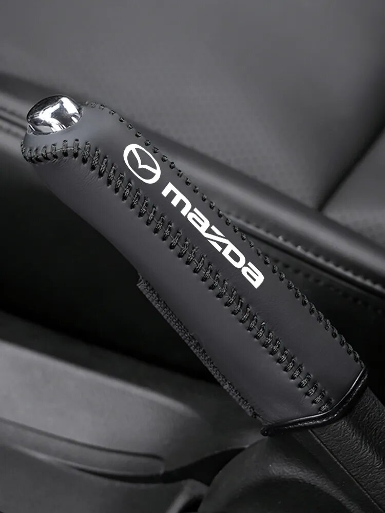 1 шт, черная накладка на ручной тормоз - Mazda, кожаный материал, высокое качество.