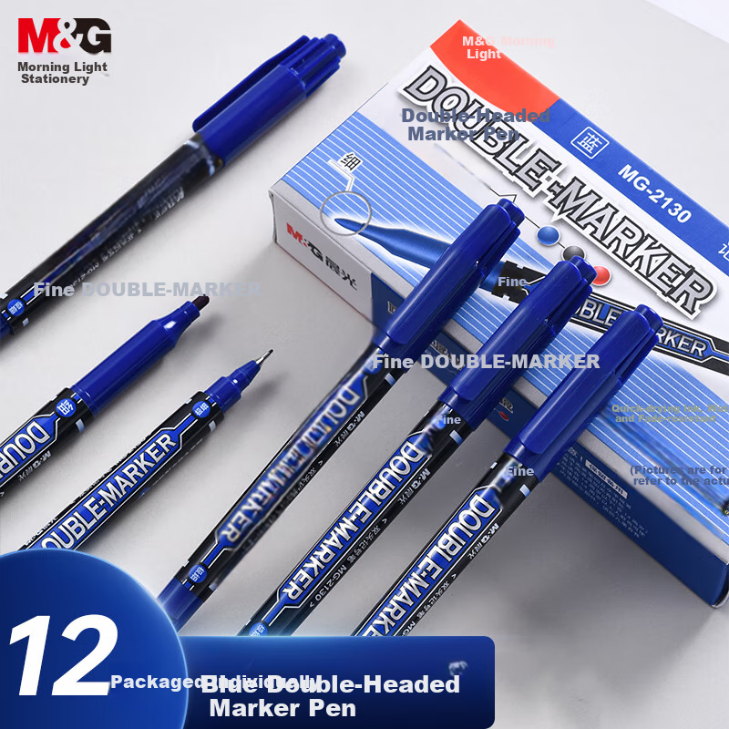 M&G Улучшенная 12-шт. синяя двойная точка водостойкая масляная маркерная ручка для учеников и офиса Цвет：Улучшенные