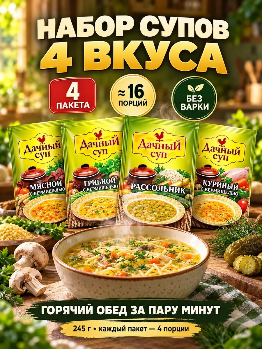 Набор супов 4 вкуса мясной грибной рассольник куриный 245г — супы быстрого приготовления