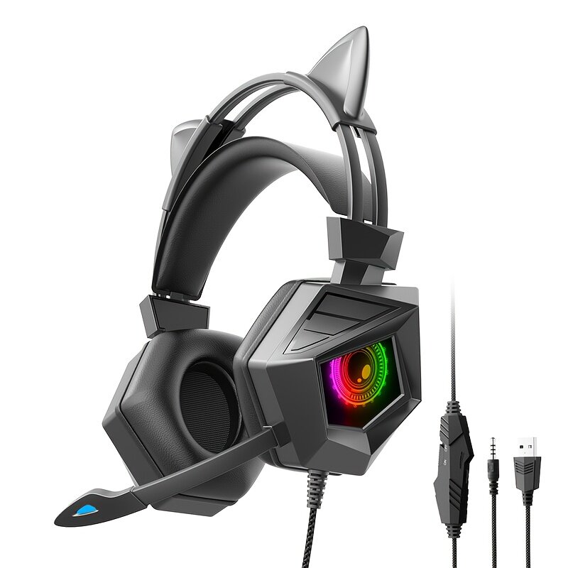 Проводные наушники-гарнитура со съемными кошачьими ушами и RGB подсветкой