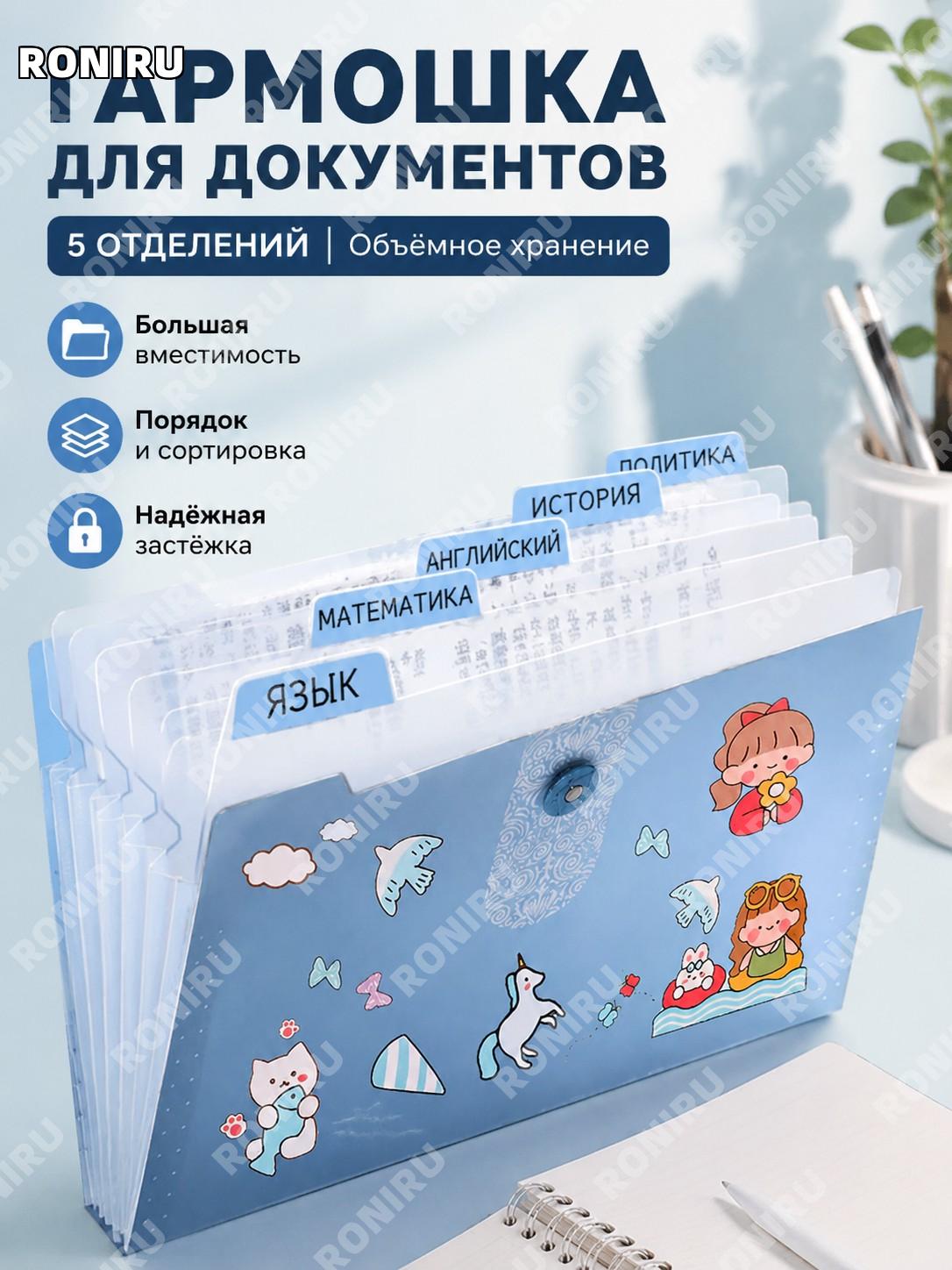 Папка-гармошка для документов с наклейками, облачно-еловый синий, более 5 отделений, PP для офиса и дома и учебы