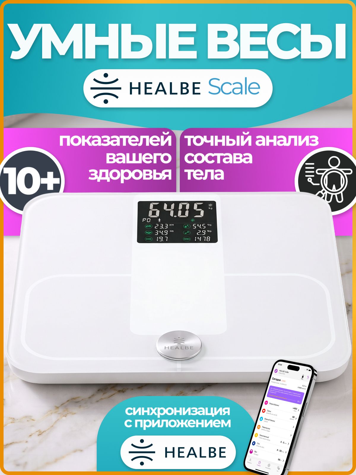 Умные напольные электронные весы HEALBE Smart Scale биоимпедансный анализ состава тела с Bluetooth и приложением