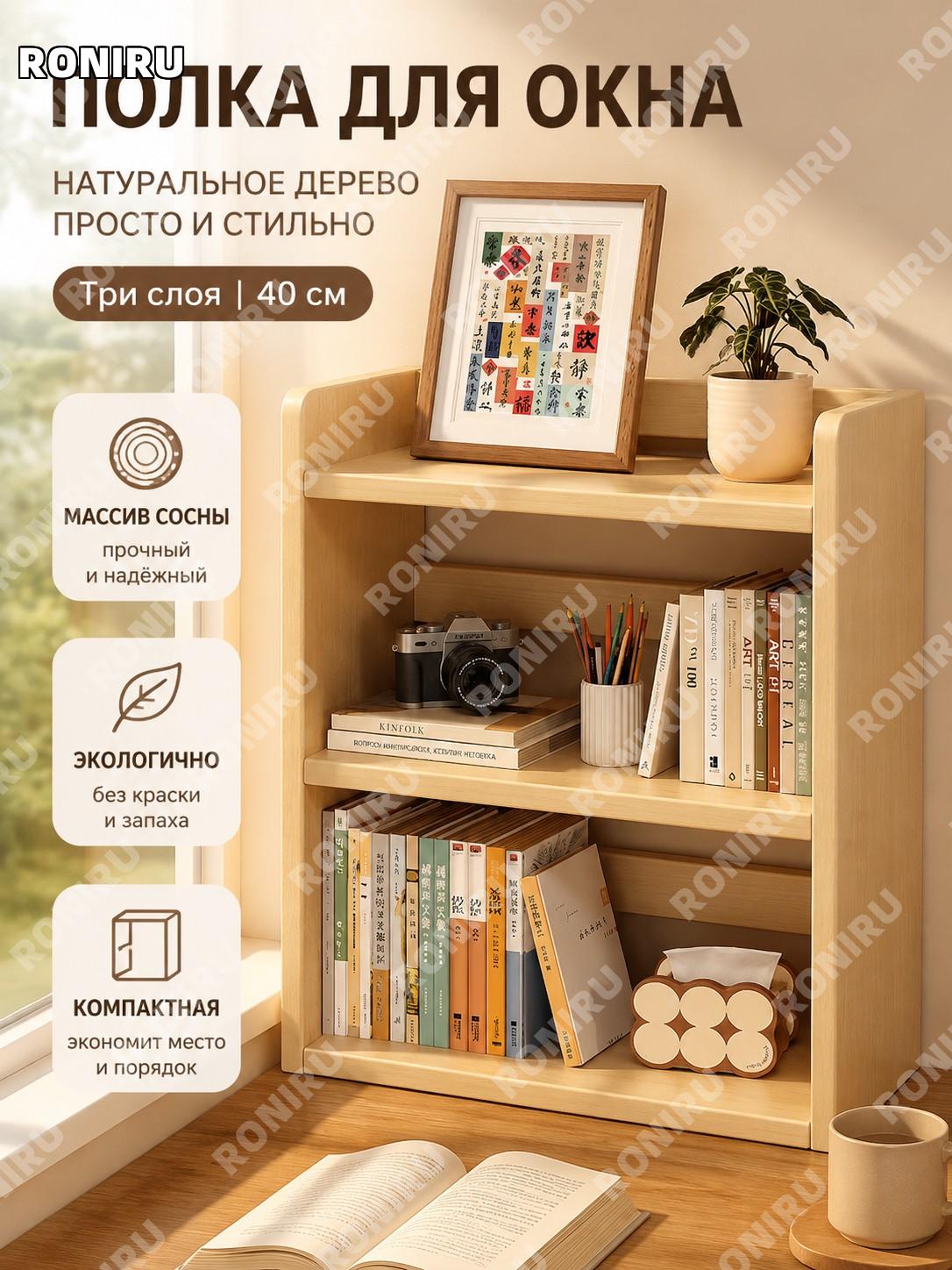 Стеллаж для подоконника из дерева трехъярусный 40 см, натуральный цвет, без покраски, из сосны для книг и хранения