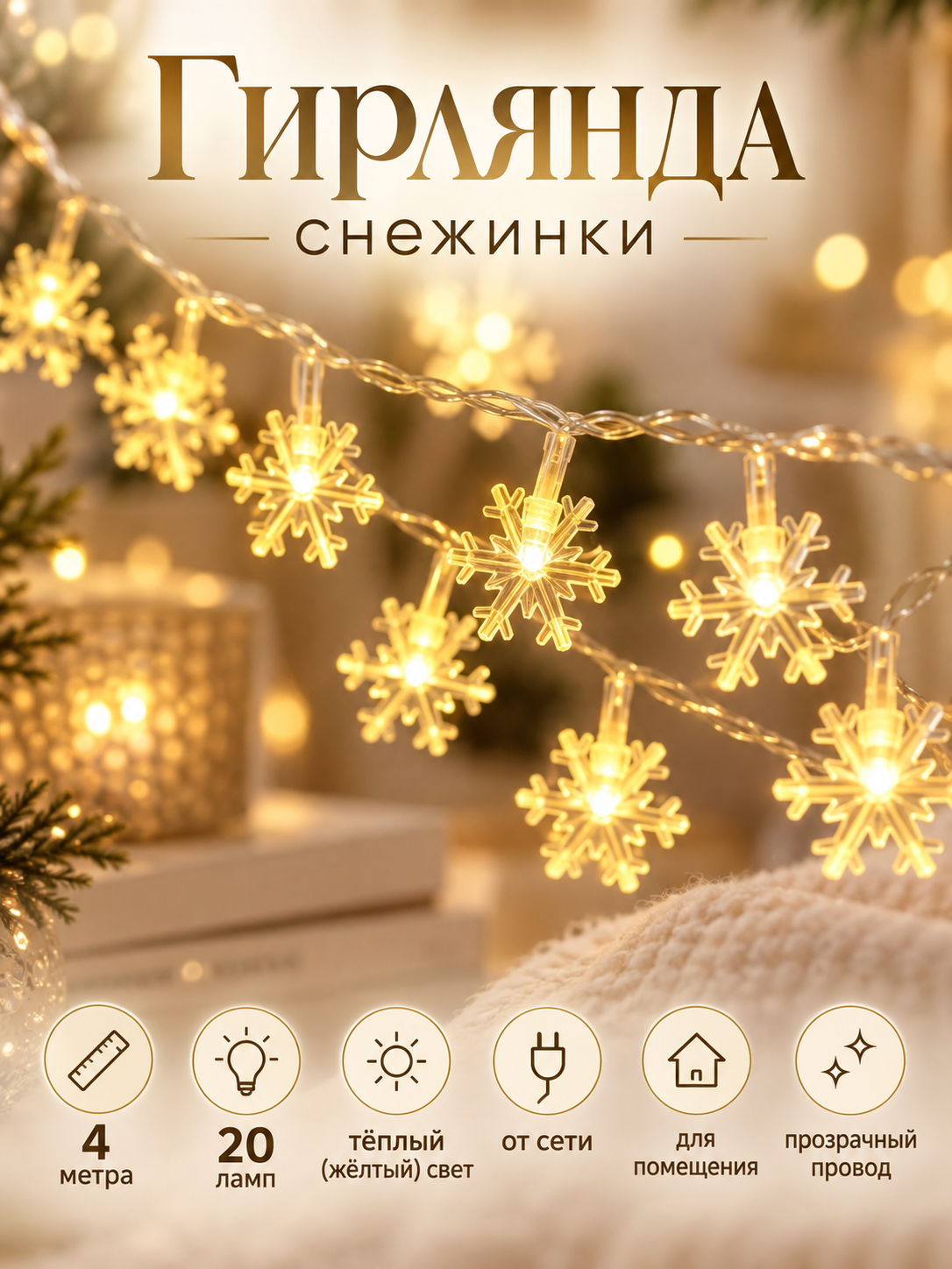 Гирлянда "Снежинки" 4 м, 20 ламп, 1 режим - постоянный свет, теплый (желтый)