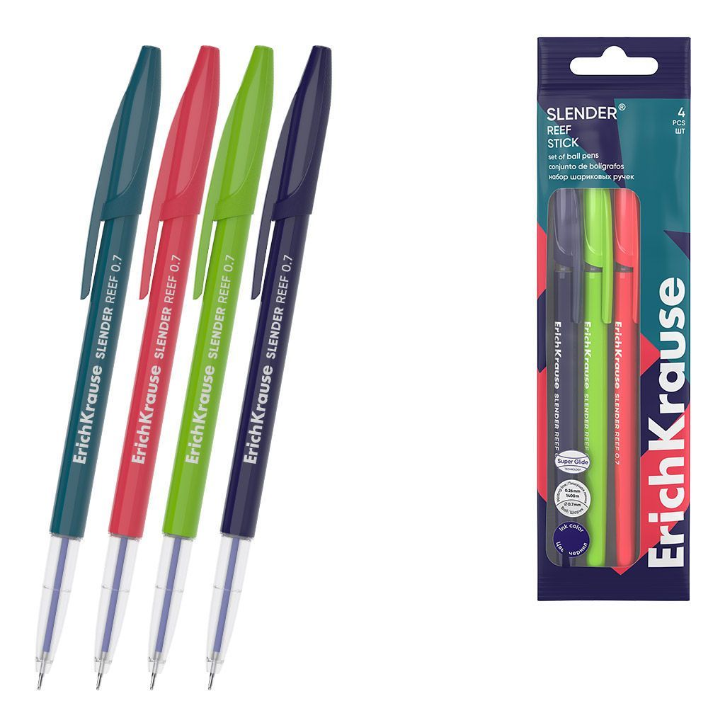 Набор шариковых ручек ErichKrause Slender Stick Reef синие, 1 цв, 0,7 мм, 4 шт, круглый корпус