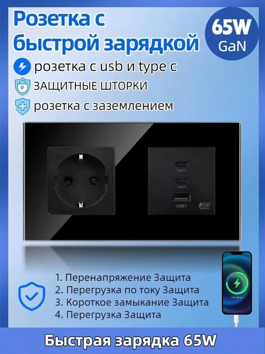 Розетка электрическая двойная с USB и type-C быстрая зарядка 65W, рамка закаленное стекло черное