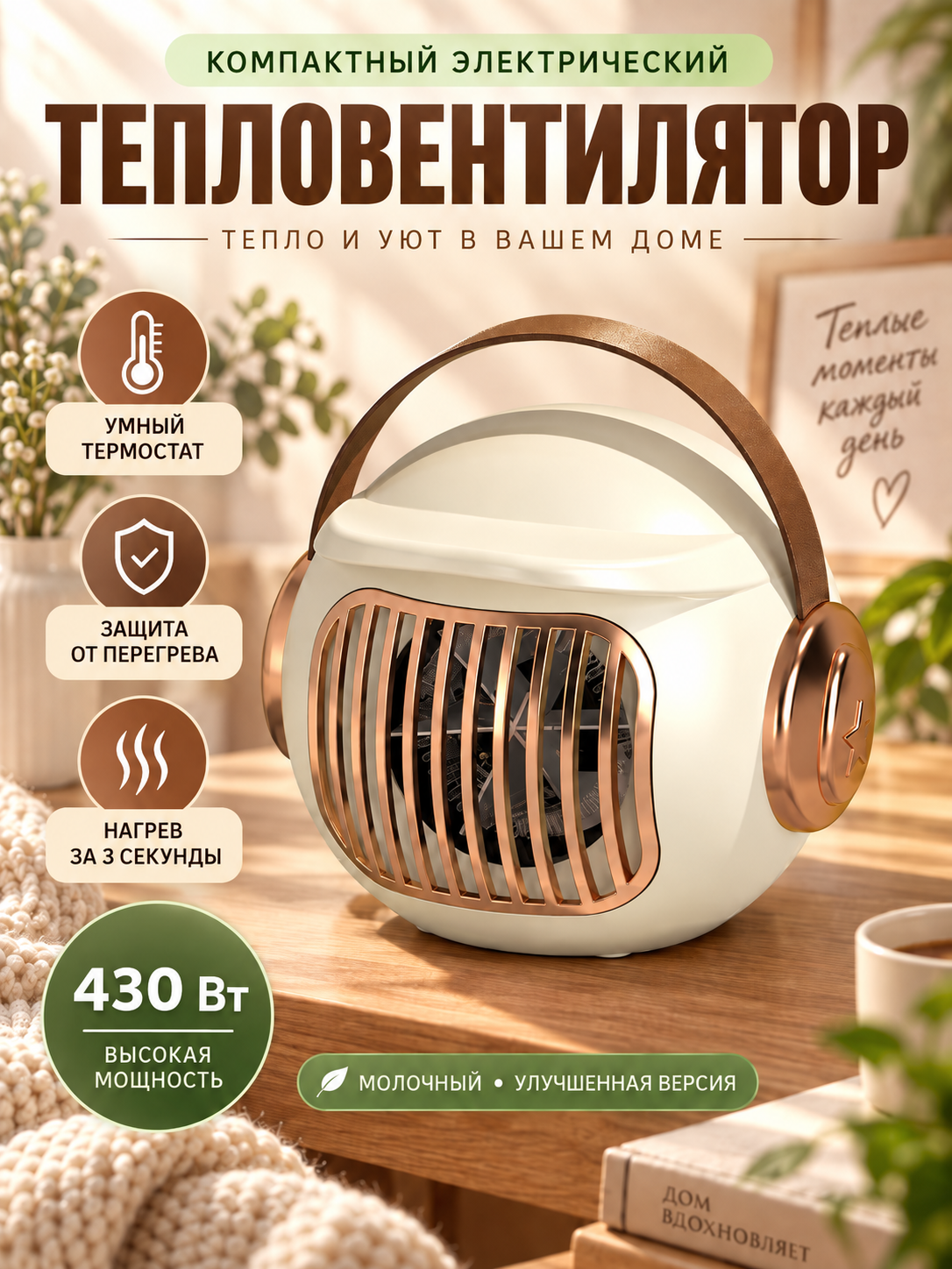 Тепловентилятор электрический с терморегуляцией, компактный дизайн, настольный обогреватель для личного обогрева в холодное время
