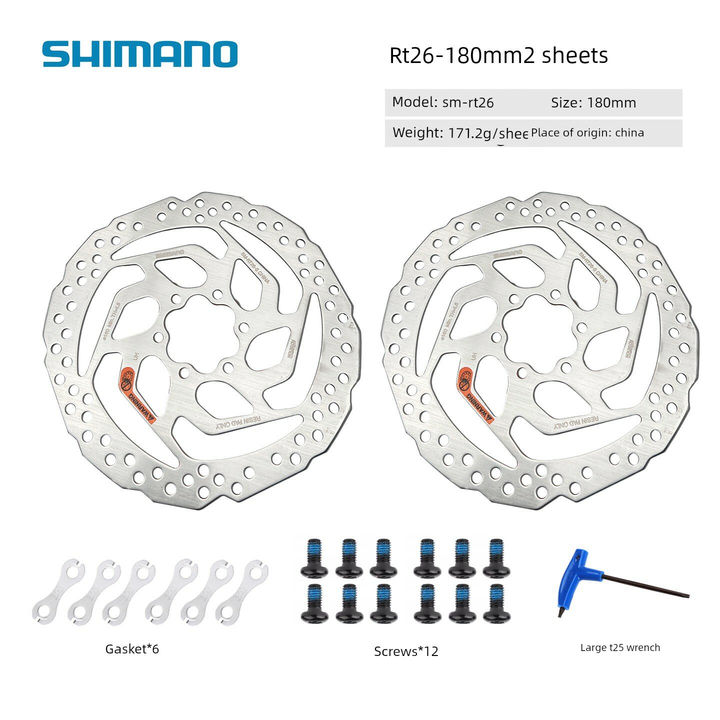 SHIMANO RT26 6-Пиновые Тормозные Накладки для Горных Велосипедов 180 мм Две Дисковые с Инструментом T25