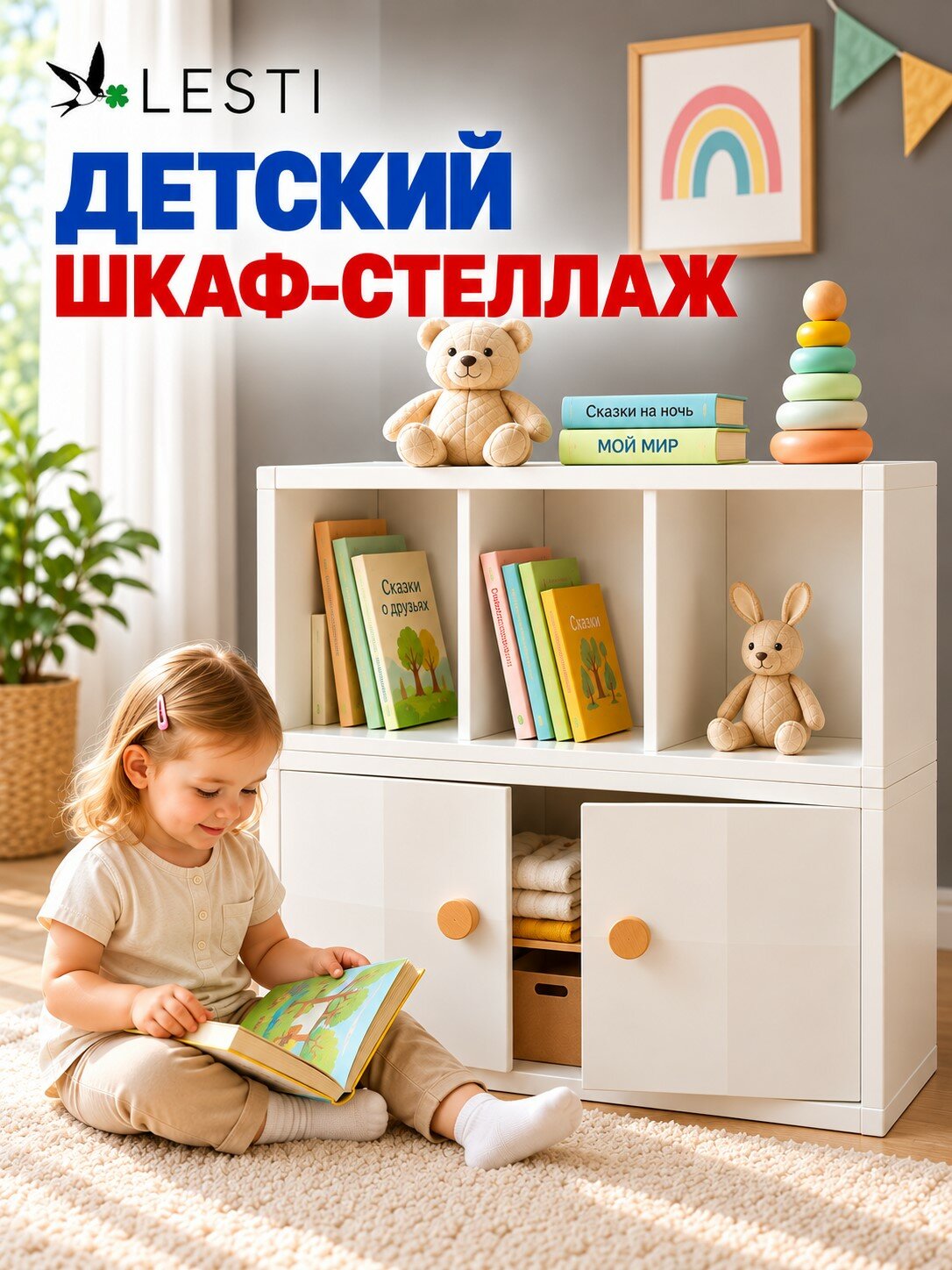 Стеллаж детский для игрушек и книг "Кубик" Модуль 1, шкаф напольный в детскую комнату, модульная система хранения, белый
