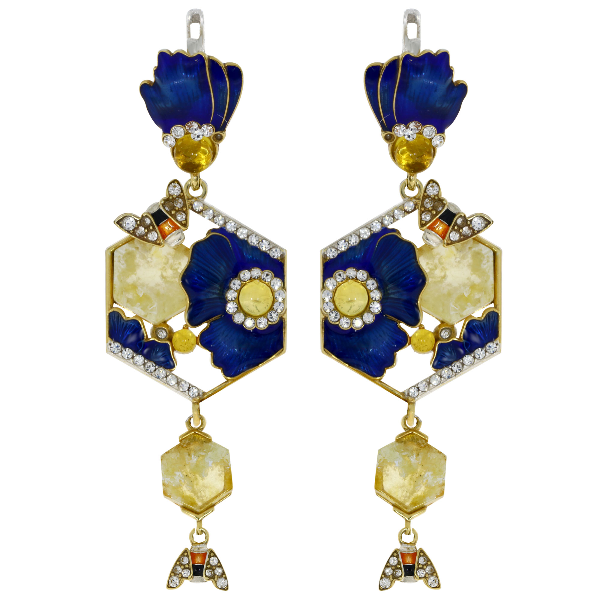 Серьги Diamant online, серебро, 925 проба, золочение, эмаль, янтарь, кристалл