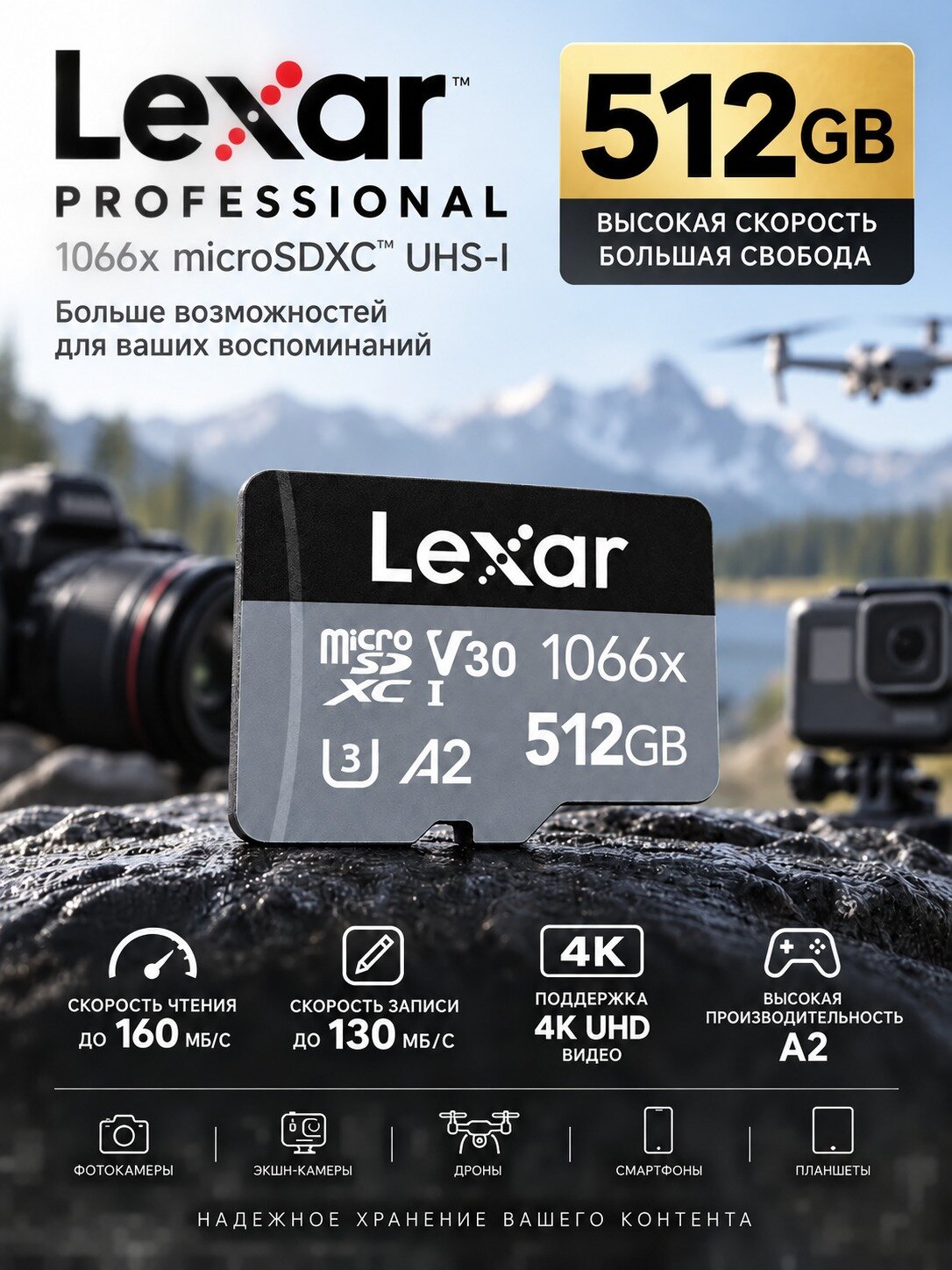 Карта памяти Lexar Professional 1066x microSDXC UHS-I SILVER 512GB, A2 V30 U3, для дронов, экшн-камер и смартфонов