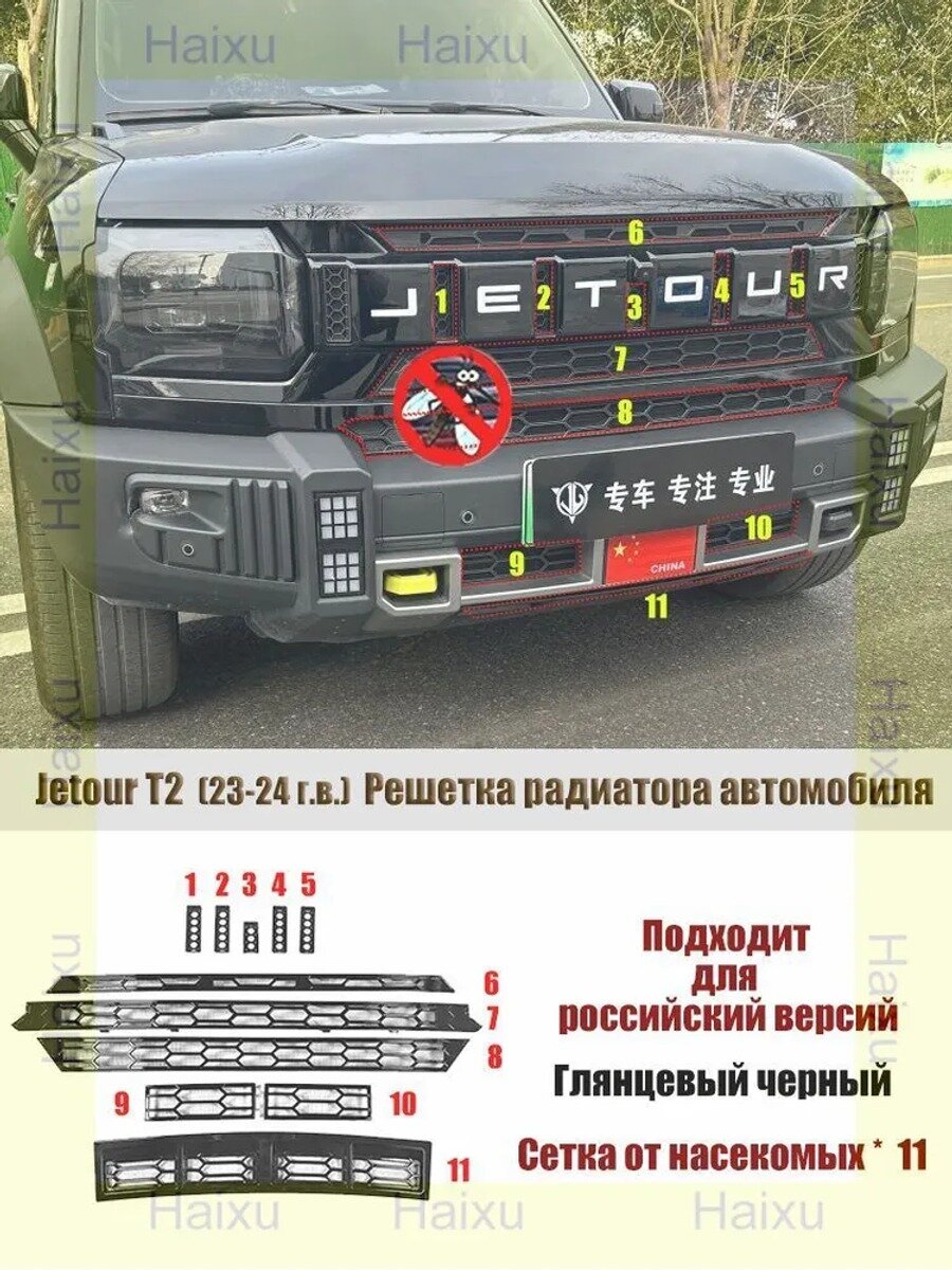 Защитная сетка радиатора Jetour T2, 11 элементов, черная, на кузов